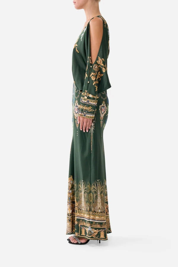 PLUNGE NECK DRAPED SHOULDER DRESS