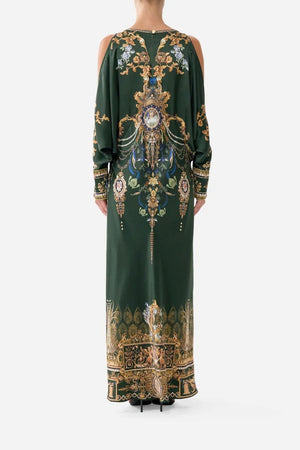 PLUNGE NECK DRAPED SHOULDER DRESS
