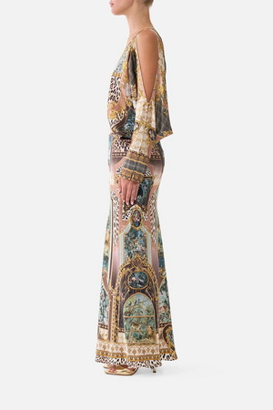 PLUNGE NECK DRAPED SHOULDER DRESS