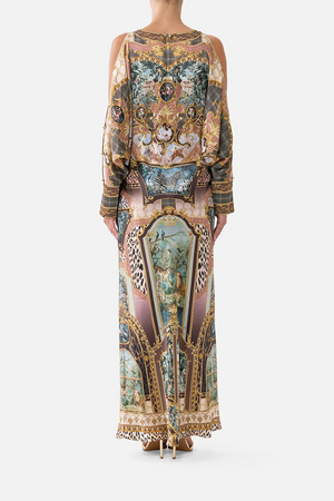 PLUNGE NECK DRAPED SHOULDER DRESS