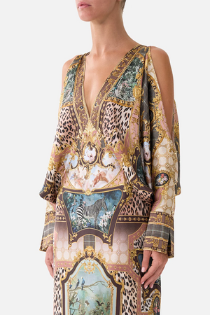 PLUNGE NECK DRAPED SHOULDER DRESS