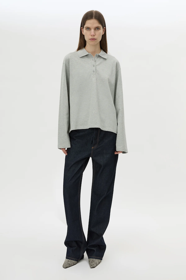 MORENO LONG SLEEVE POLO TOP - GREY MARLE
