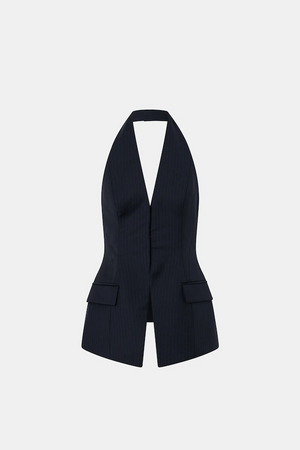 ORBAN TAILORED HALTER TOP - NAVY PINSTRIPE