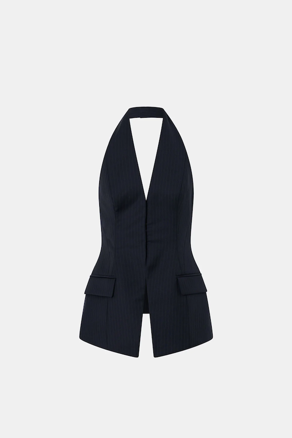 ORBAN TAILORED HALTER TOP - NAVY PINSTRIPE