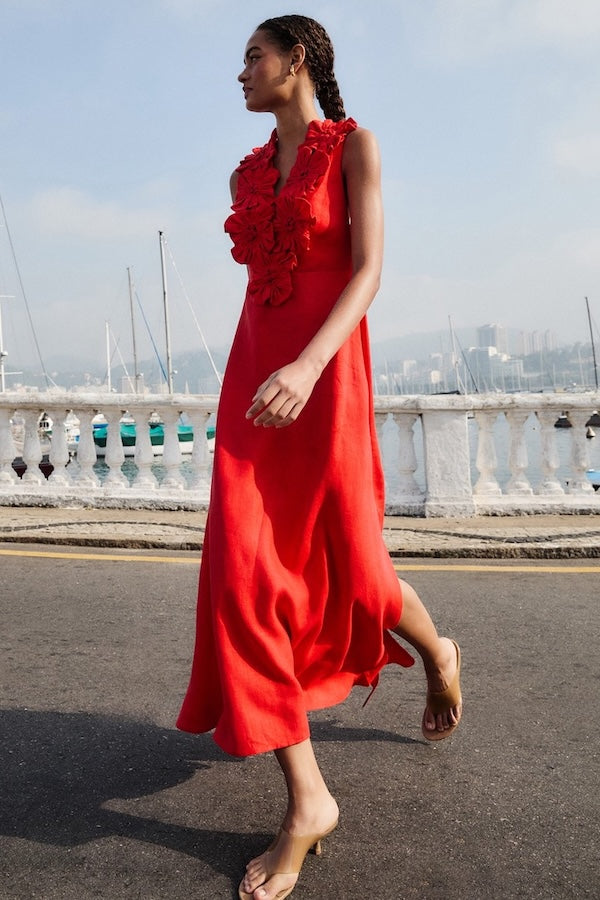RED SLEEVELESS MIDI DRESS