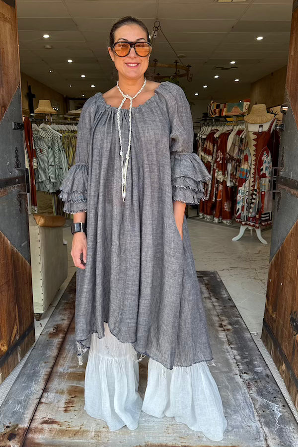 AMANO BUTTON BACK DRESS/DUSTER LINEN GAUZE - DENIM BLUE