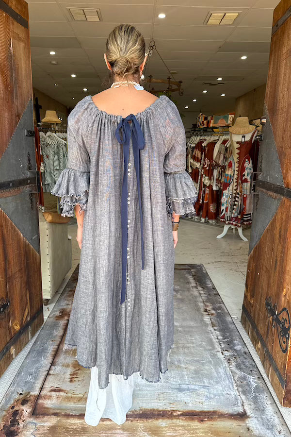 AMANO BUTTON BACK DRESS/DUSTER LINEN GAUZE - DENIM BLUE