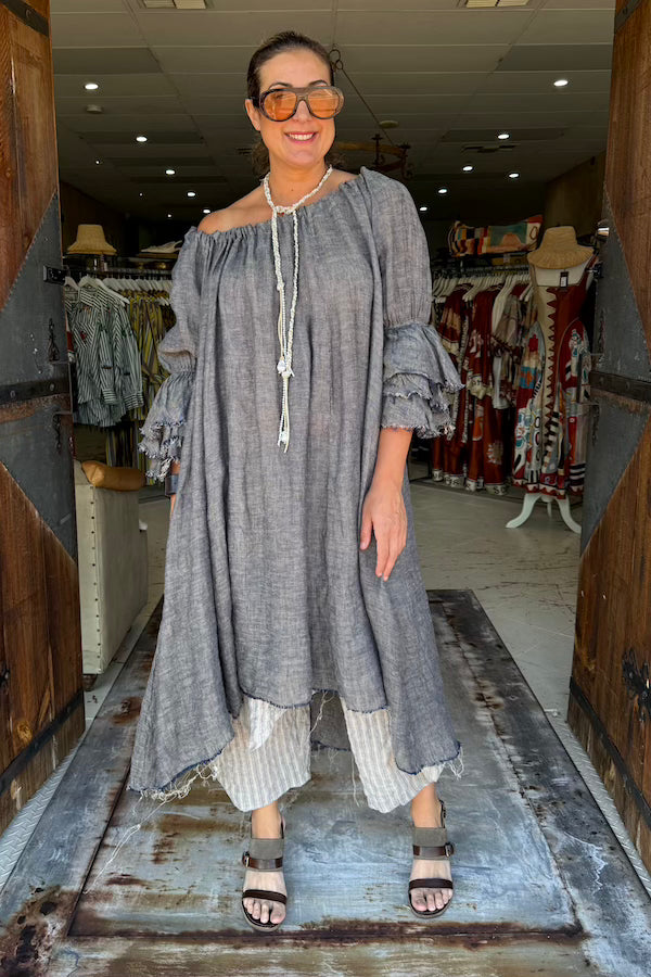 AMANO BUTTON BACK DRESS/DUSTER LINEN GAUZE - DENIM BLUE