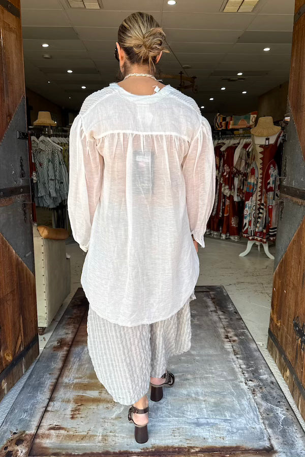 AMANO SILK/LINEN GAUZE PIN TUCK SHIRT - WHITE