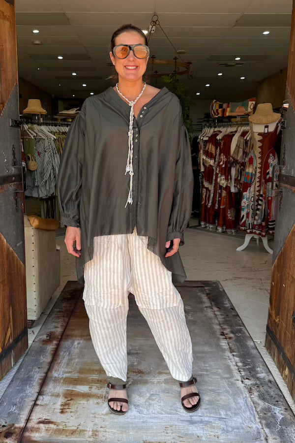 AMANO PIN TUCK SILK/CCOTTON TOP - KHAKI