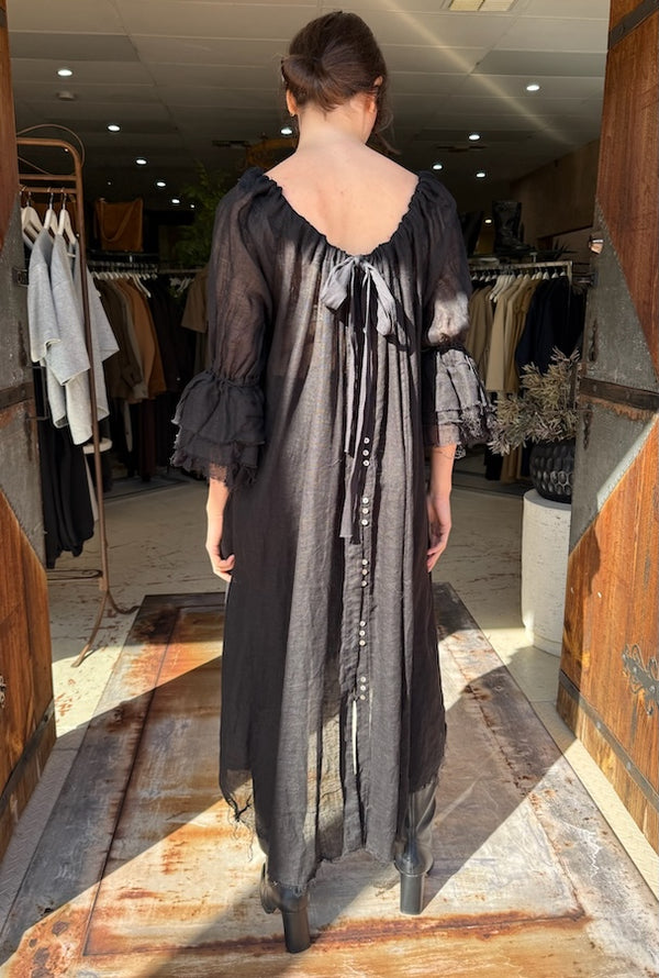 AMANO BUTTON BACK DRESS (LINEN GAUZE) BLACK