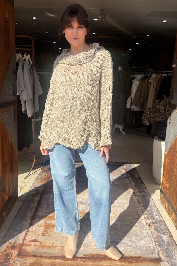 HAND LOOM TOP WITH COLLAR LINEN - NATURAL