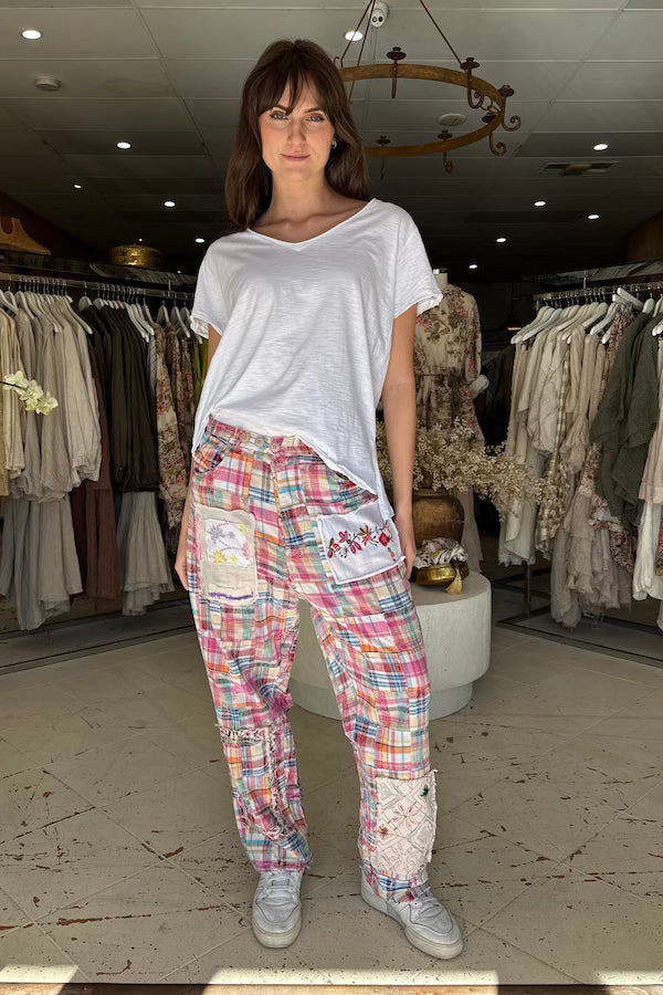 TRAVELING ON PANTS - BLUE/PINK PLAID