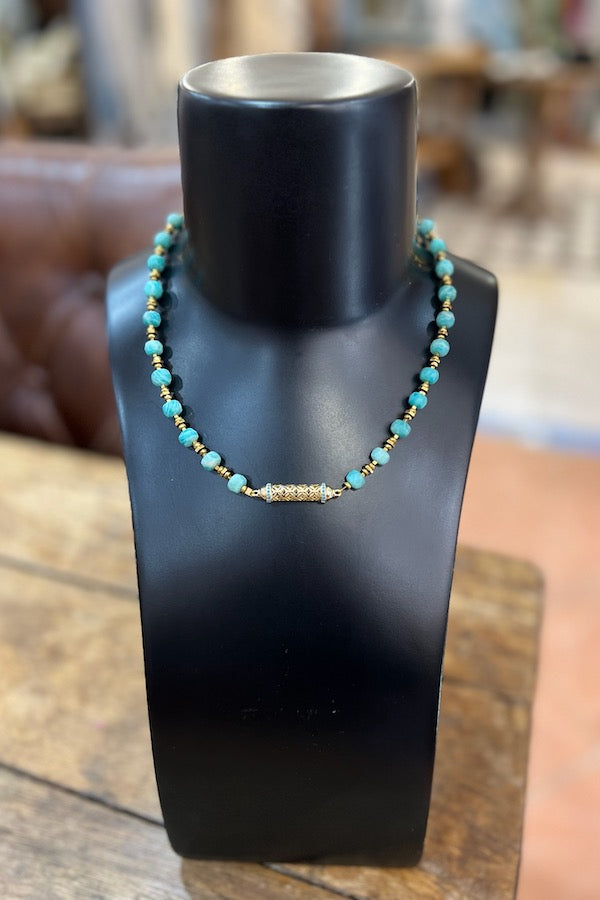 NECKLACE - BLUE STONES WITH GOLD BEADS