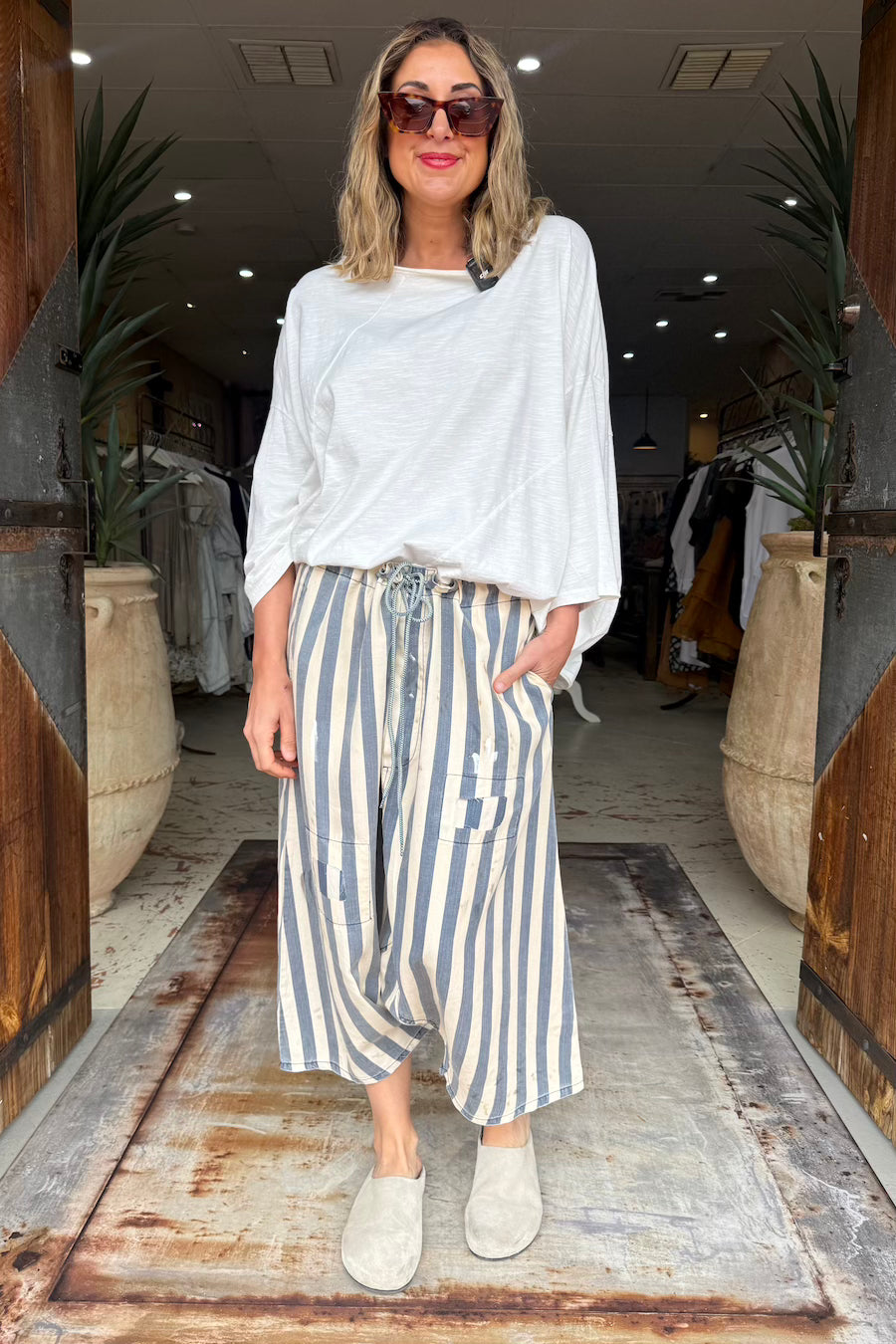 EARTHSONG HAREM PANTS - CHAMBRAY STRIPE