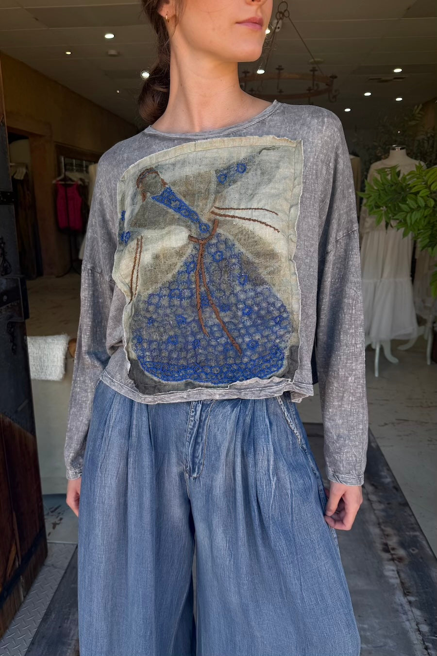 CROP FOLKLORE T-SHIRT LONG SLEEVE - ASH