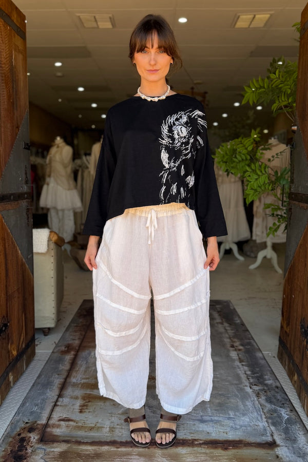 CROP OWL SKETCH T-SHIRT LONG SLEEVE - BLACK