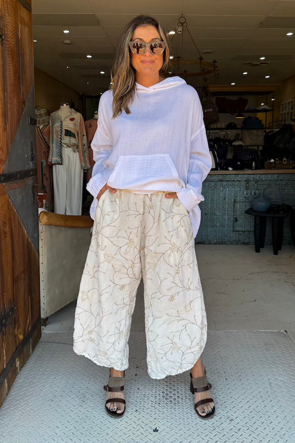 BASIC PANTS - EMBROIDERED CREAM LINEN