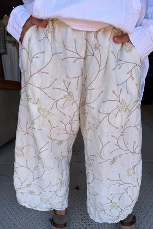 BASIC PANTS - EMBROIDERED CREAM LINEN