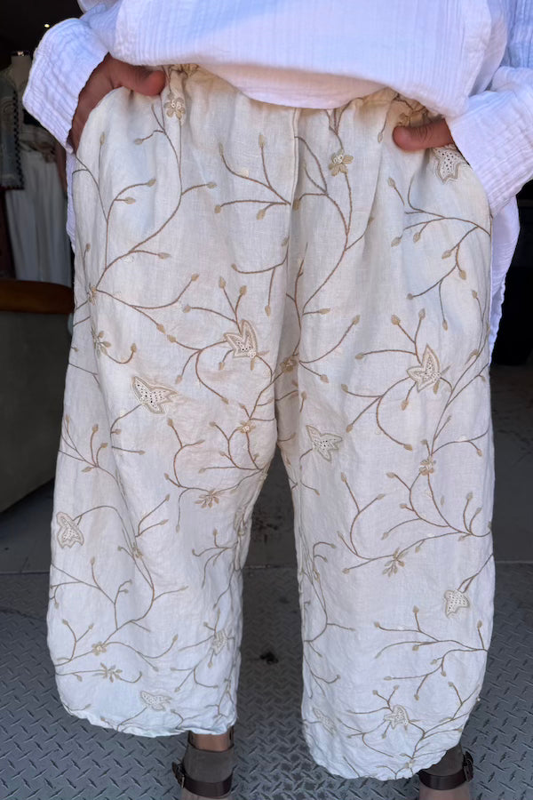 BASIC PANTS - EMBROIDERED CREAM LINEN