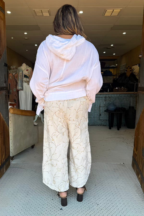 BASIC PANTS - EMBROIDERED CREAM LINEN