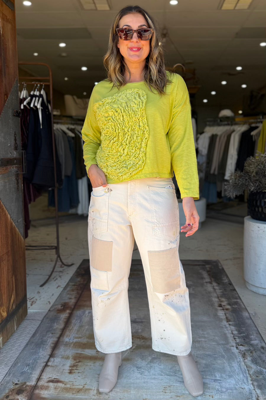 CROP CABBAGE ROSE T-SHIRT LONG SLEEVE - PEAR