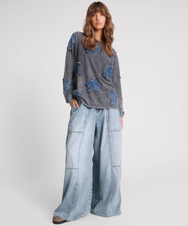 BLUE BLOSSON DENIM PALAZZO PANT