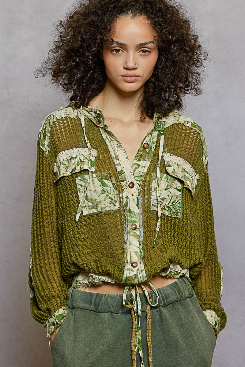 VINTAGE WASHED FLORAL PRINT PATCH CROCHET JACKET