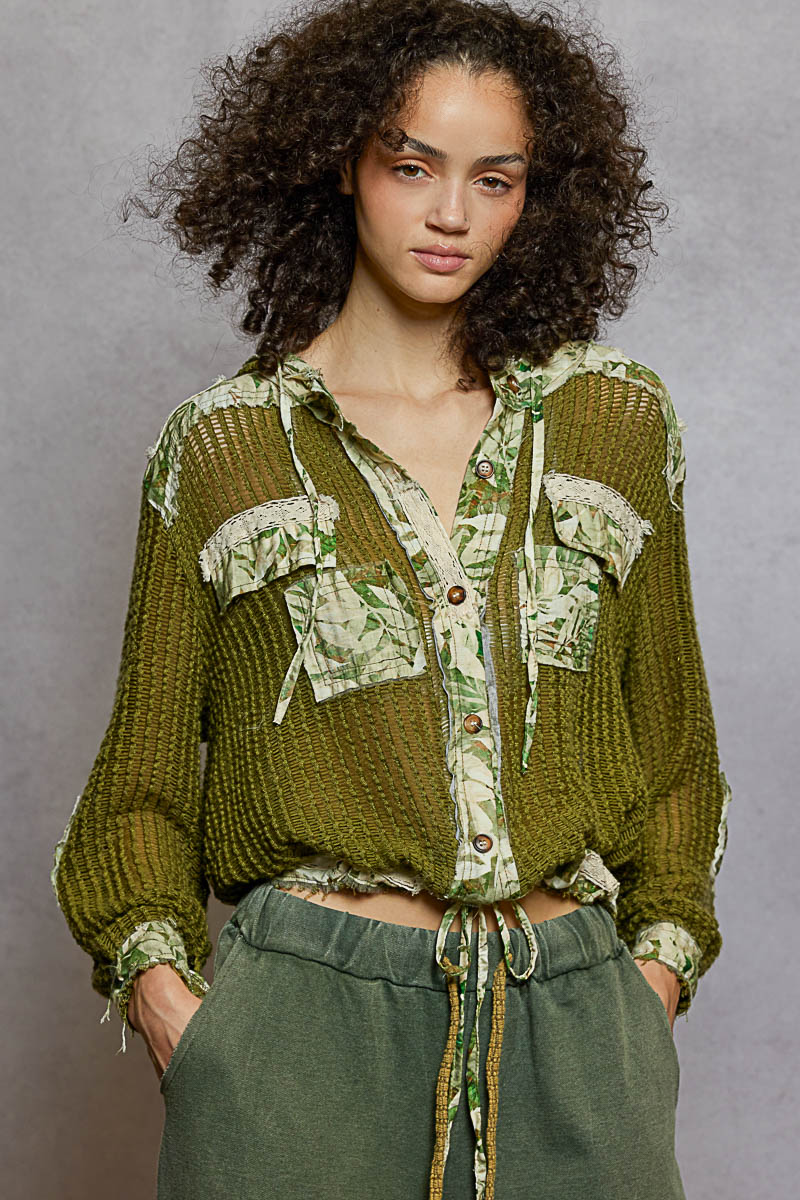 VINTAGE WASHED FLORAL PRINT PATCH CROCHET JACKET