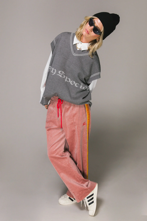 DUSTY PINK CORD GEO TRACK PANTS