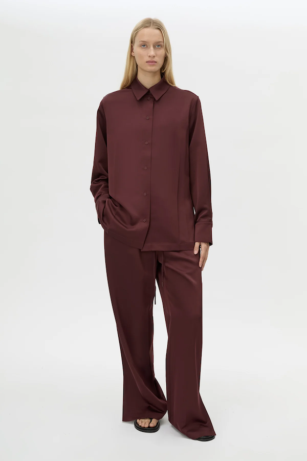 GROUND SATIN LONG SLEEVE SHIRT - BURGUNDY