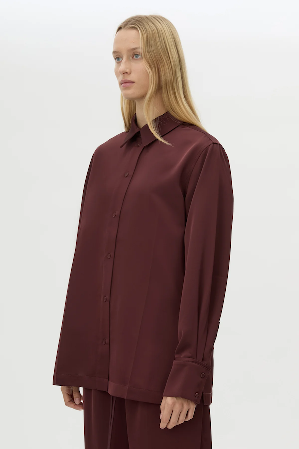 GROUND SATIN LONG SLEEVE SHIRT - BURGUNDY