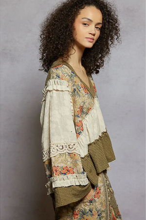 LONG SLEEVE PATCHWORK FLORAL PRINT RUFFLE STITCH WOVEN TOP