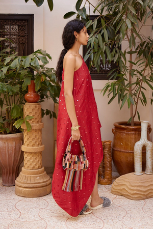 SCARLET EMBELLISHED ASYMMETRIC GOWN