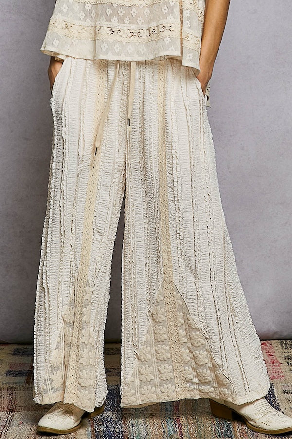 WAISTBAND LACE CROCHET PATCH SOLID WIDE PANTS