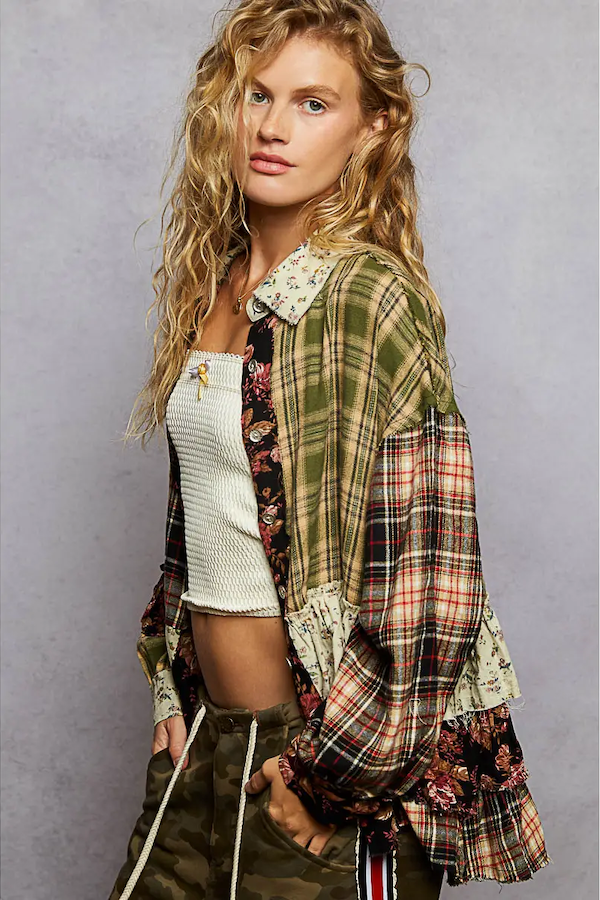 LONG SLEEVE PLAID PATCHWORK FLORAL RUFFLE DETAIL SHIRT