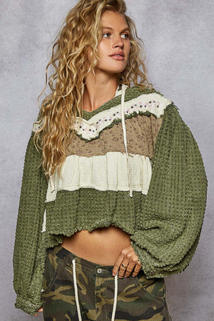 BALLOON SLEEVE TEXTURED DENIM TWILL PATCH RUFFLE HOODIE TOP