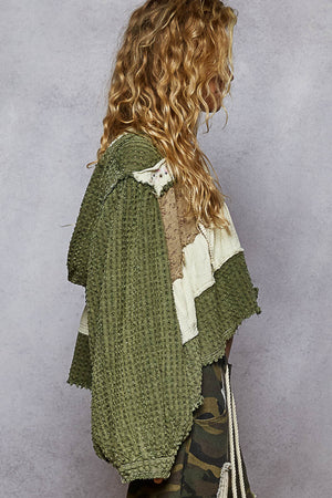 BALLOON SLEEVE TEXTURED DENIM TWILL PATCH RUFFLE HOODIE TOP