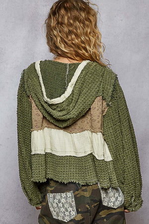 BALLOON SLEEVE TEXTURED DENIM TWILL PATCH RUFFLE HOODIE TOP