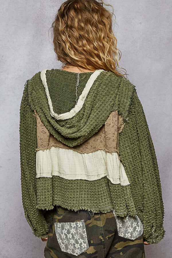 BALLOON SLEEVE TEXTURED DENIM TWILL PATCH RUFFLE HOODIE TOP