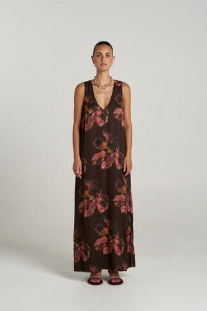 V NECK MAXI - CHOCOLAT PETALS