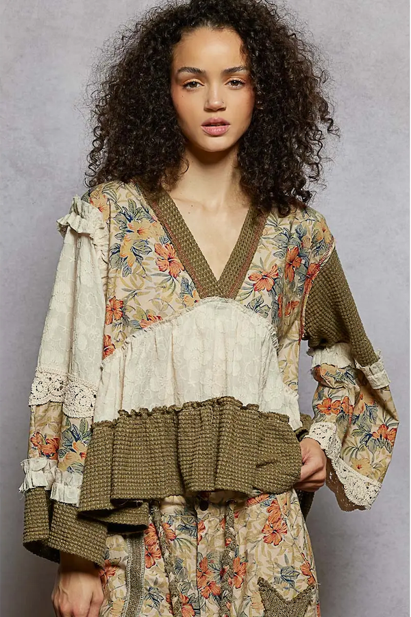 LONG SLEEVE PATCHWORK FLORAL PRINT RUFFLE STITCH WOVEN TOP