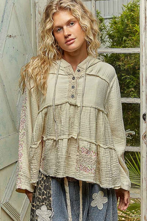 LONG SLEEVE DOUBLE GAUZE EMBROIDERY SHIRRING WOVEN TOP