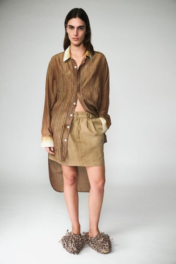 SILK COTTON PLEAT SHIRT DRESS - CINNAMON