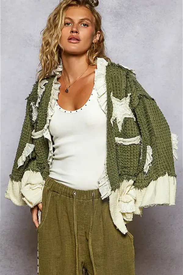 3/4 SLEEVE DOUBLE GAUZE RUFFLE STAR DENIM WOVEN JACKET