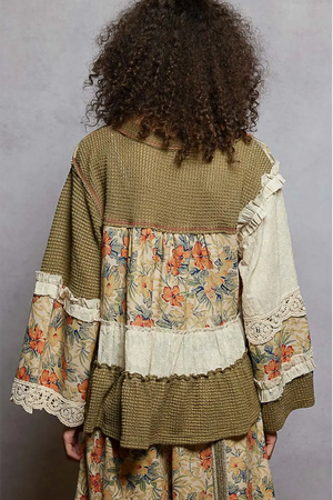 LONG SLEEVE PATCHWORK FLORAL PRINT RUFFLE STITCH WOVEN TOP