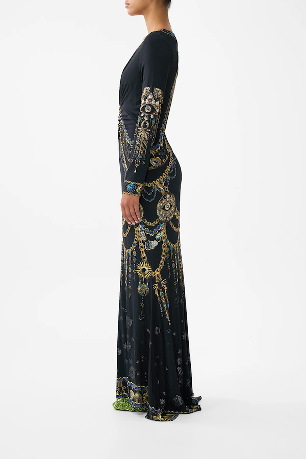 LONG SLEEVE GATHERED DRESS WITH TRAIN