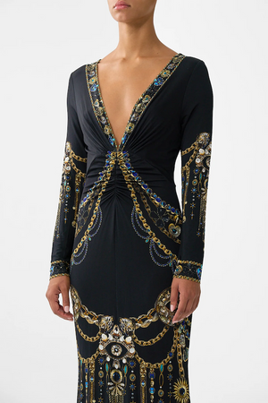 LONG SLEEVE GATHERED DRESS WITH TRAIN