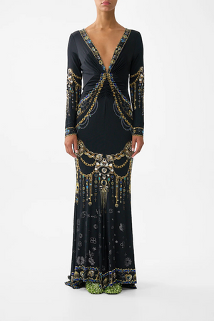 LONG SLEEVE GATHERED DRESS WITH TRAIN