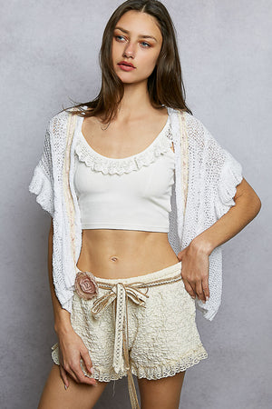 LACE TRIM ADJUSTABLE WAIST TEXTURED KNIT SHORTS